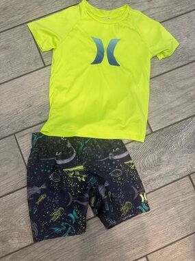 Hurley Neon Yellow Rash Guard with Navy Ocean Print Swim Shorts